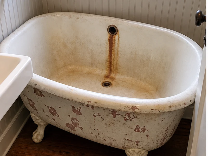 Antique clawfoot tub with stained interior and rust at the drain in a Mt. Eden bungalow before refinishing, Hayward