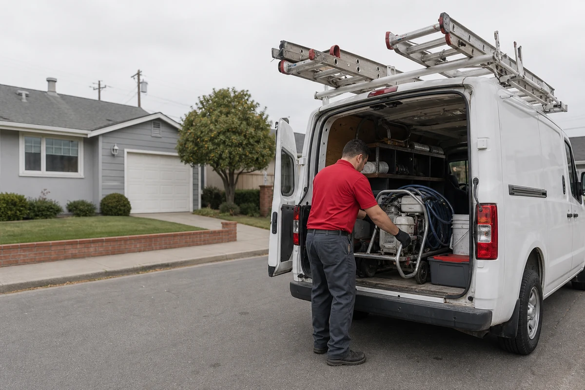 Hayward Bath Refinishing technician carrying a spray rig into a Hayward, CA home