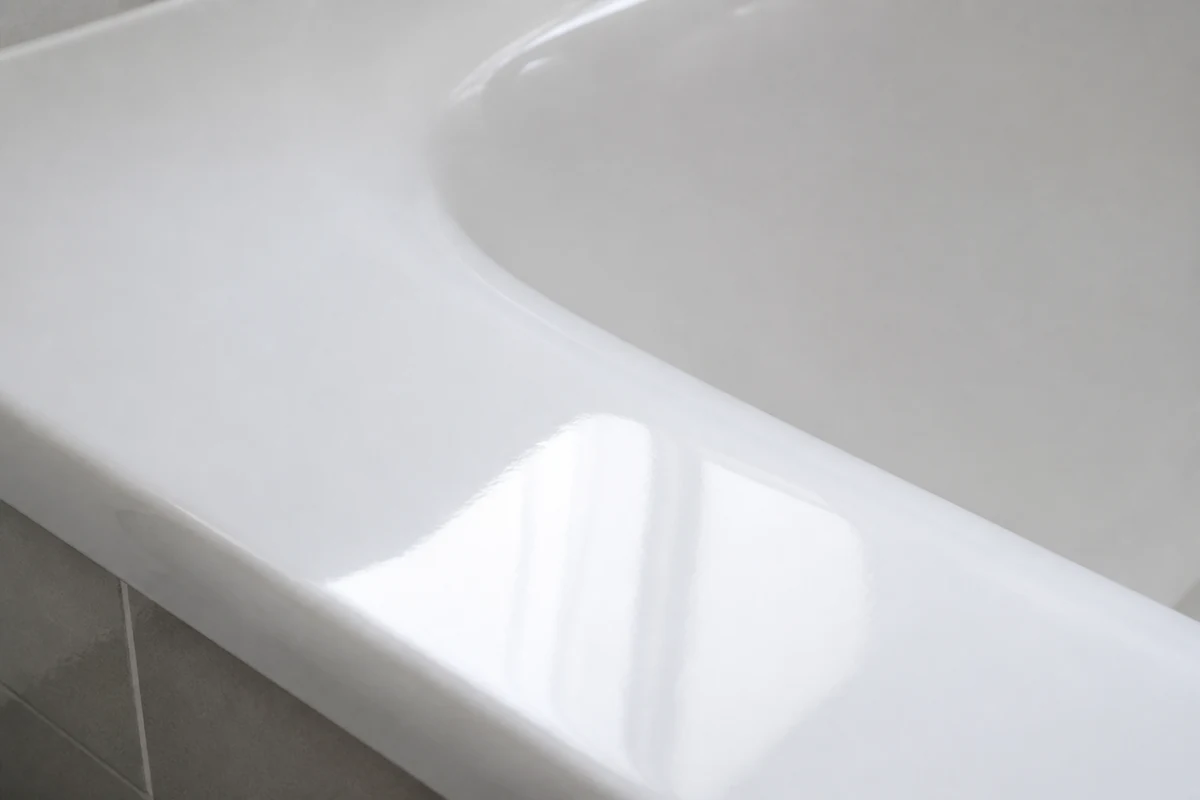 Close-up of a smooth, freshly sprayed white acrylic-urethane tub finish in Hayward, CA