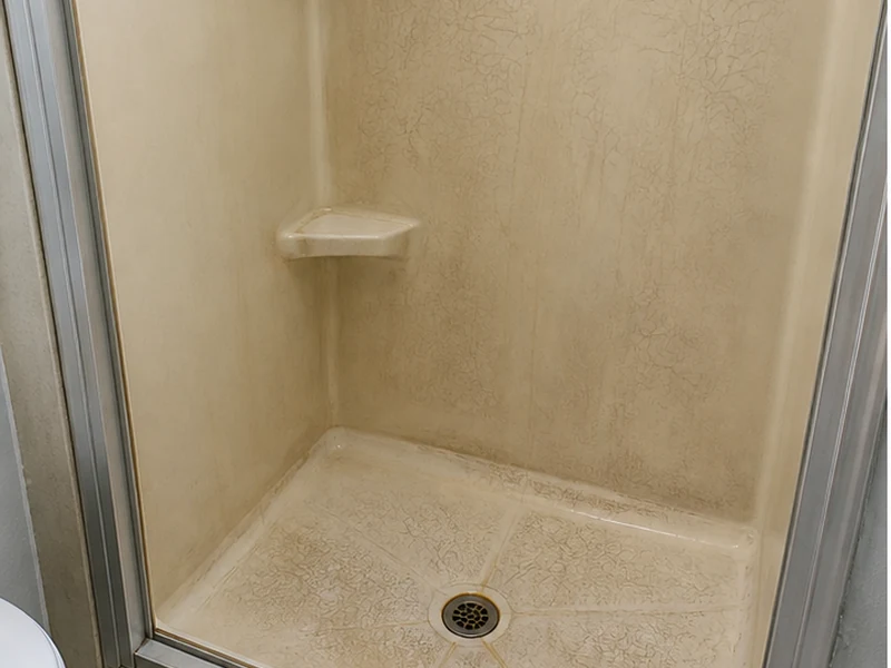 Faded almond fiberglass shower stall with crazing in a Cherryland apartment before refinishing, Hayward