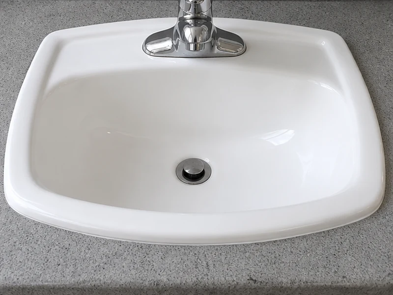 Reglazed glossy white porcelain bathroom sink on a Mt. Eden vanity, Hayward