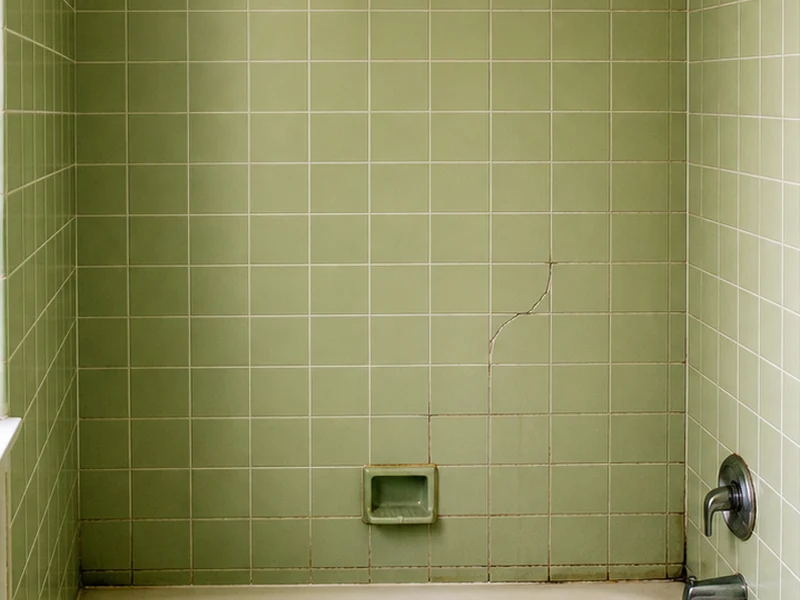 Avocado-green ceramic tile tub surround with dingy grout in a Southgate bathroom before reglazing, Hayward